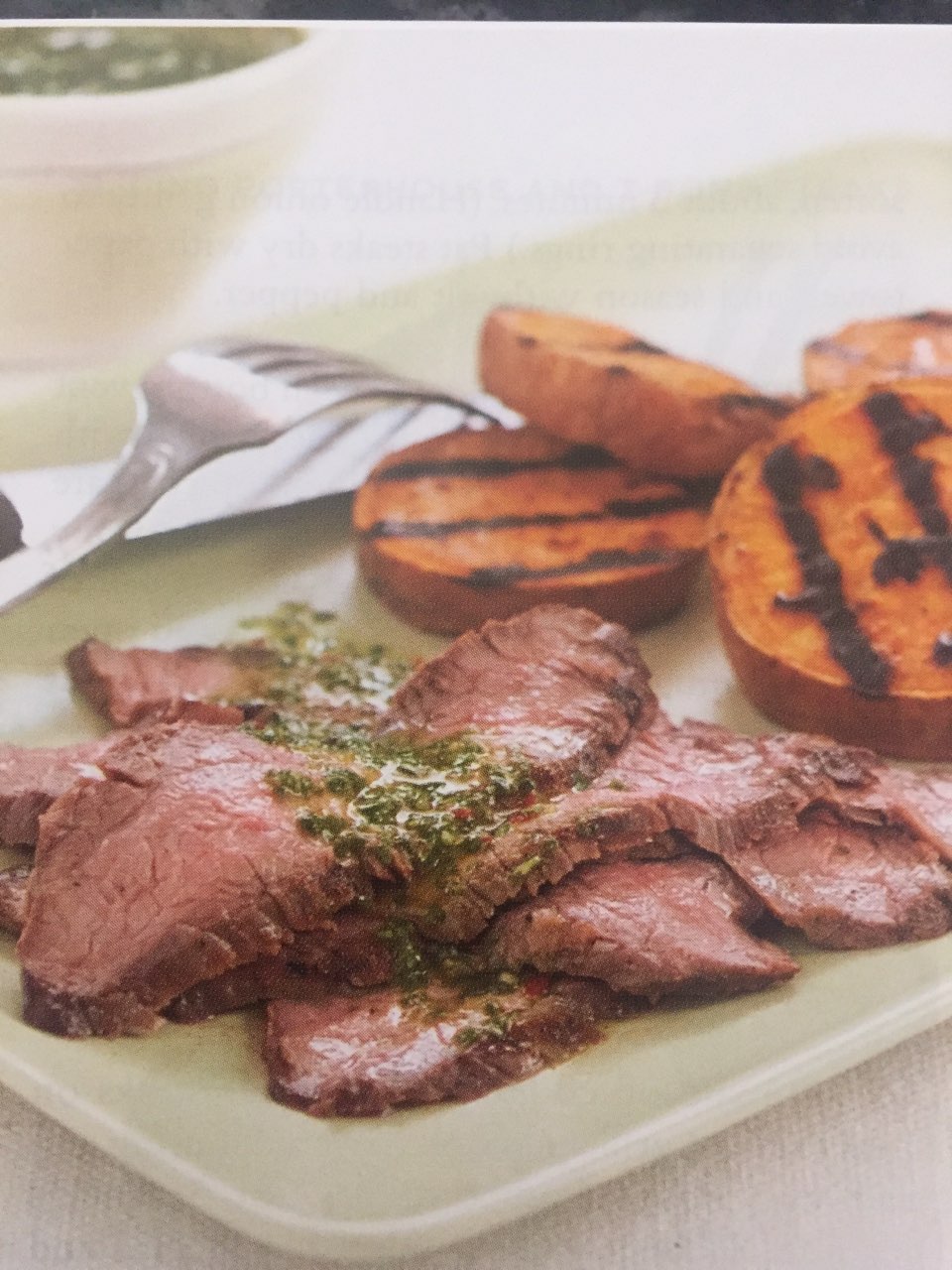 Grilled Flank Steak with Sweet Potatoes and Chimichurri Sauc
