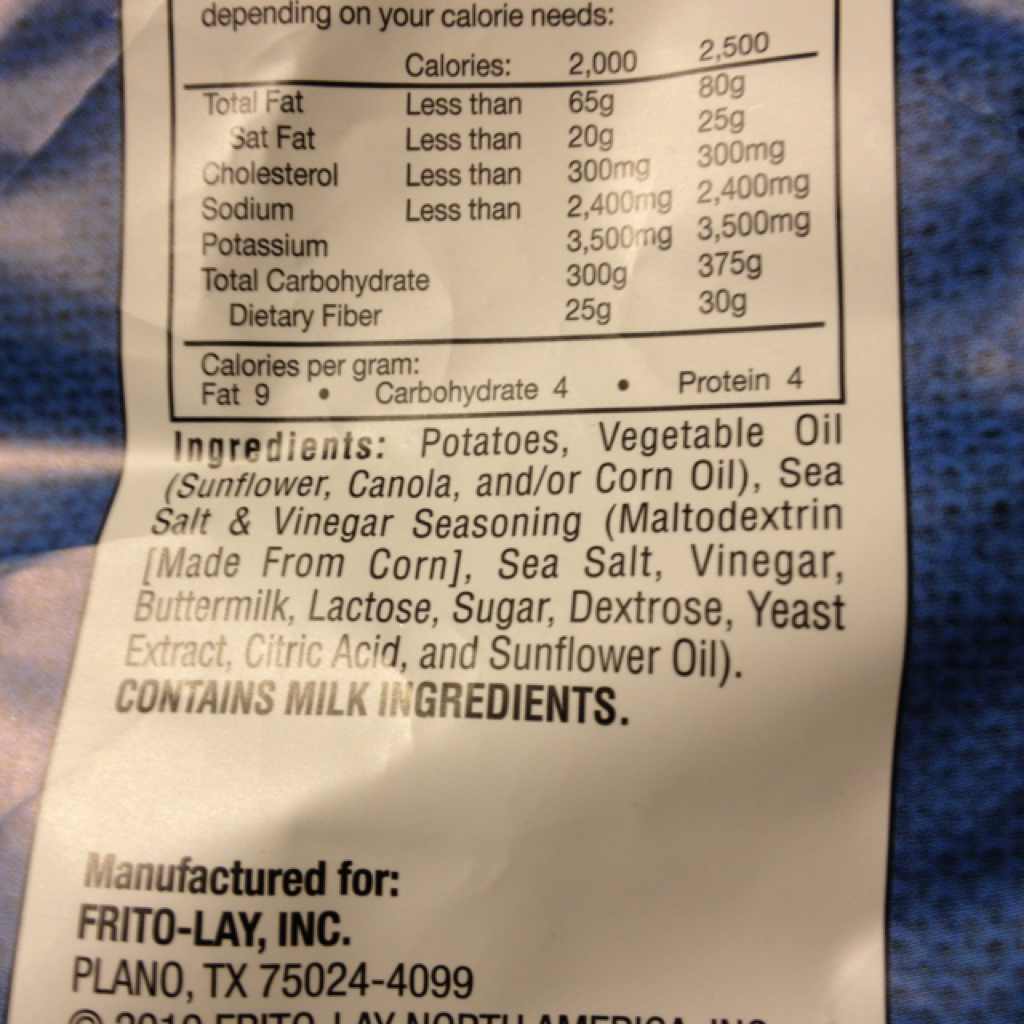 Lay's Potato Chips, Kettle Cooked, Sea Salt & Vinegar Calories