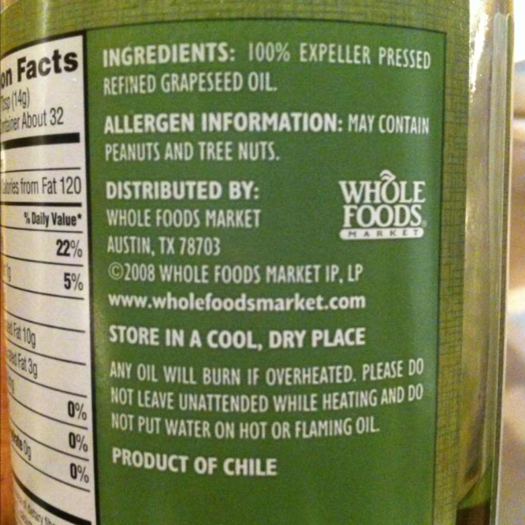 365 Everyday Value Grapeseed Oil Refined Expeller Pressed Calories