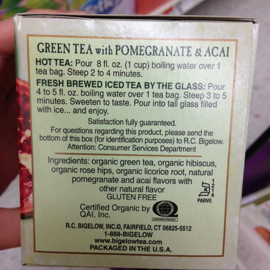 Bigelow Organic Green Tea, With Pomegranate & Acai Calories, Nutrition
