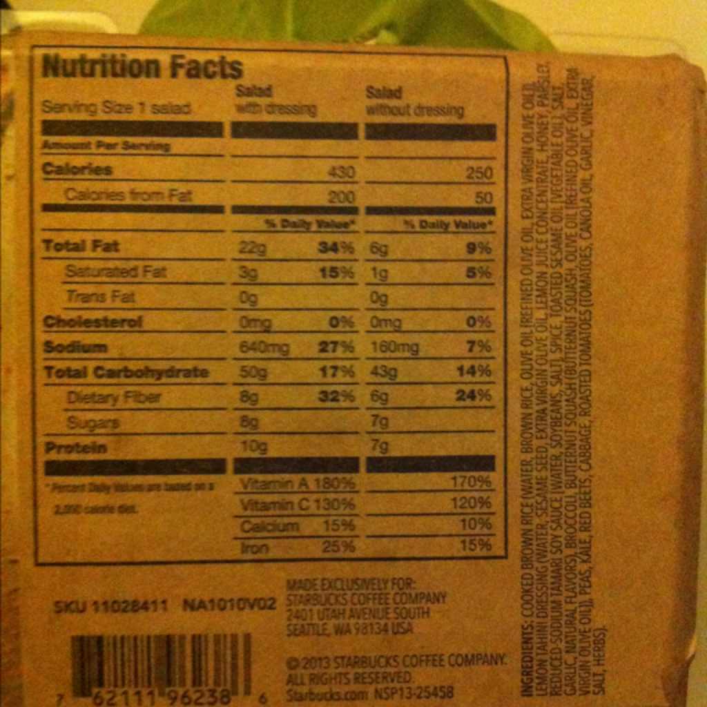 Starbucks Hearty Veggie & Brown Rice Salad Bowl Calories, Nutrition