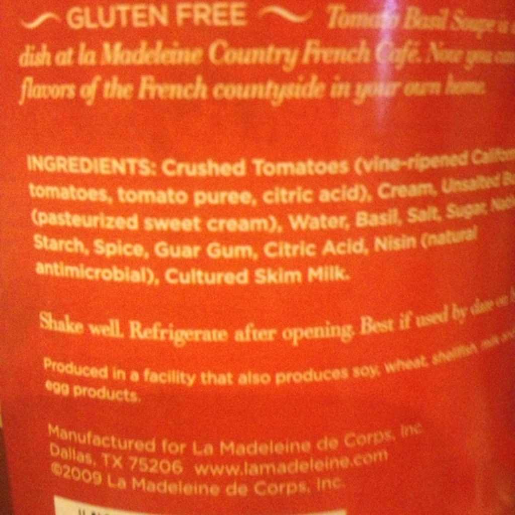 L a Madeleine Tomato Basil Soupe Calories, Nutrition Analysis & More