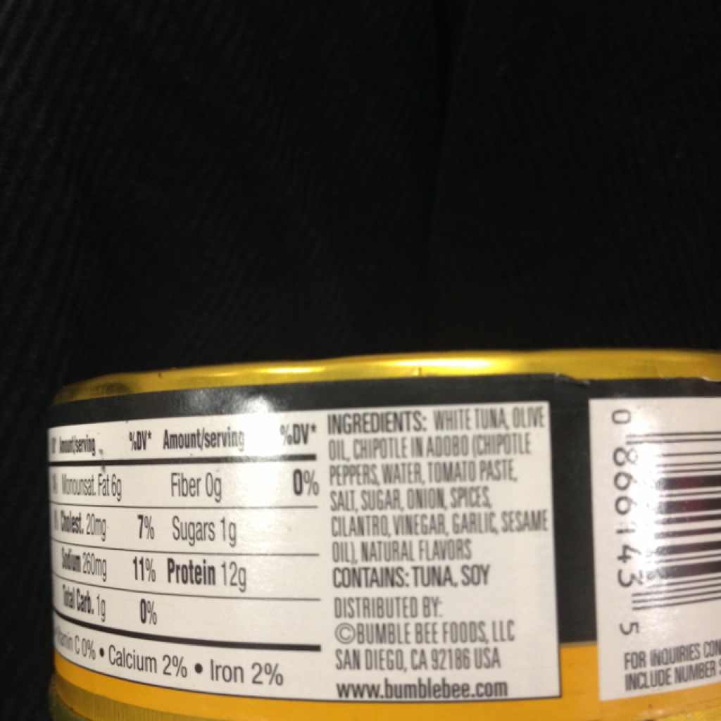 Bumble Bee Prime Fillet Gourmet Flavors, Albacore Tuna With Chipotle & Olive Oil Calories