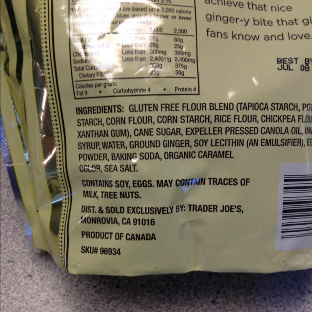 Trader Joe's Gluten Free Ginger Snaps Calories, Nutrition Analysis