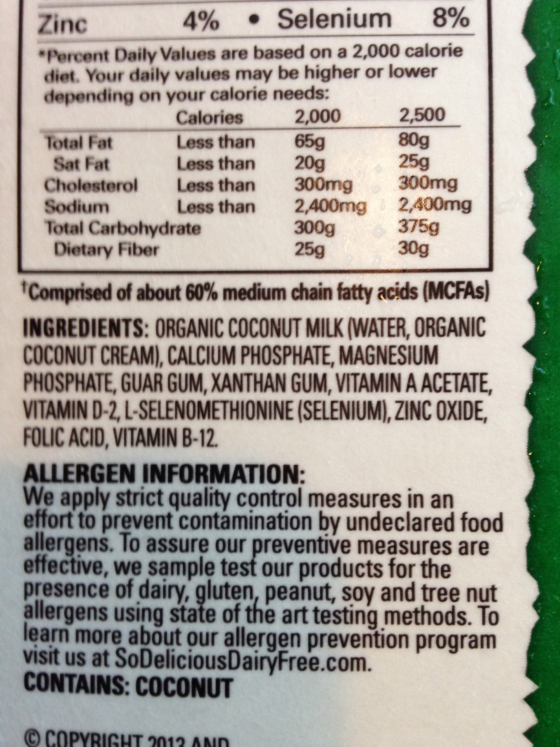 So Delicious Dairy Free Coconutmilk, Unsweetened, Organic Calories