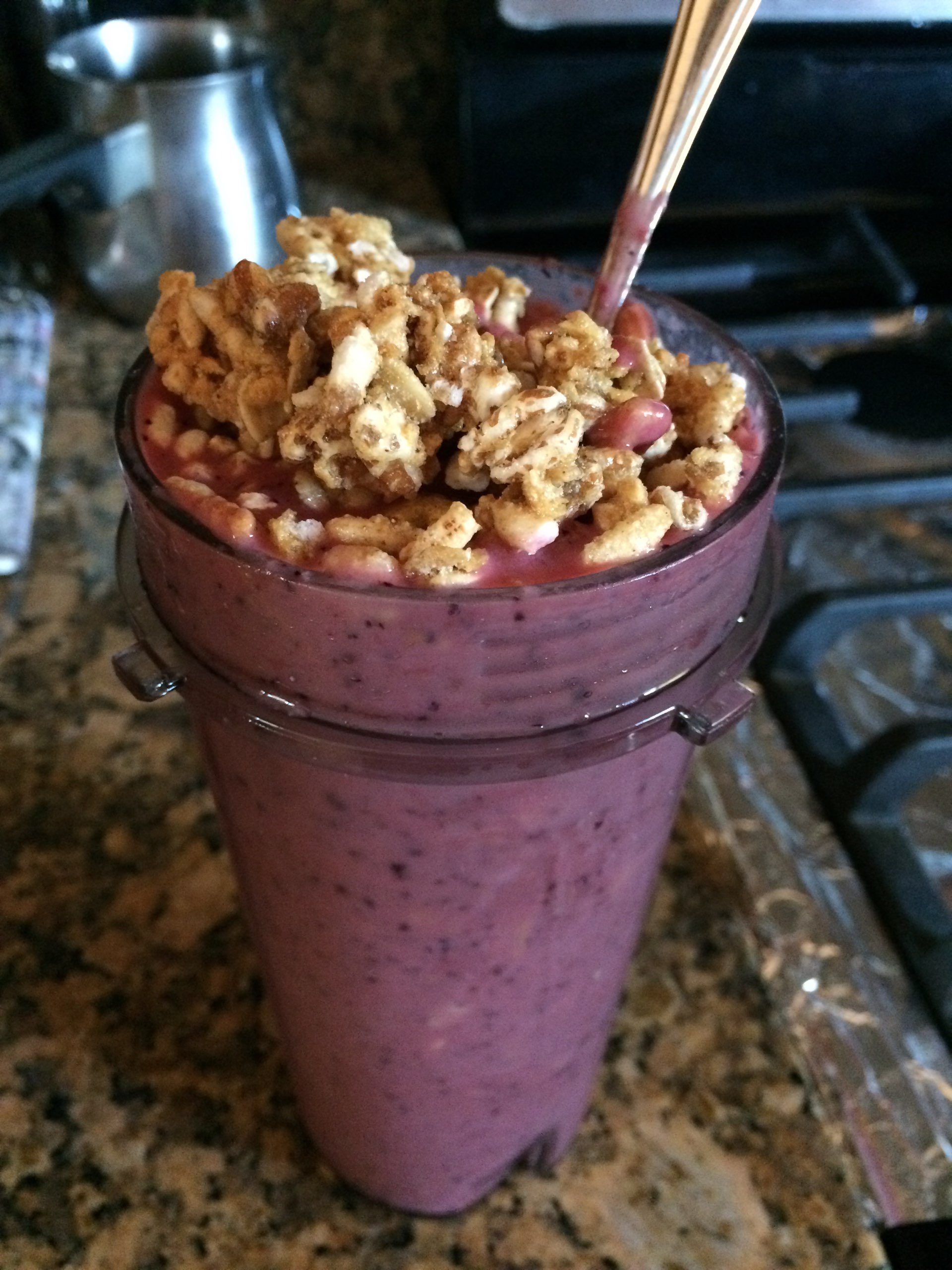 Breakfast time....all fruit shake tipped with granolas. Fooducate
