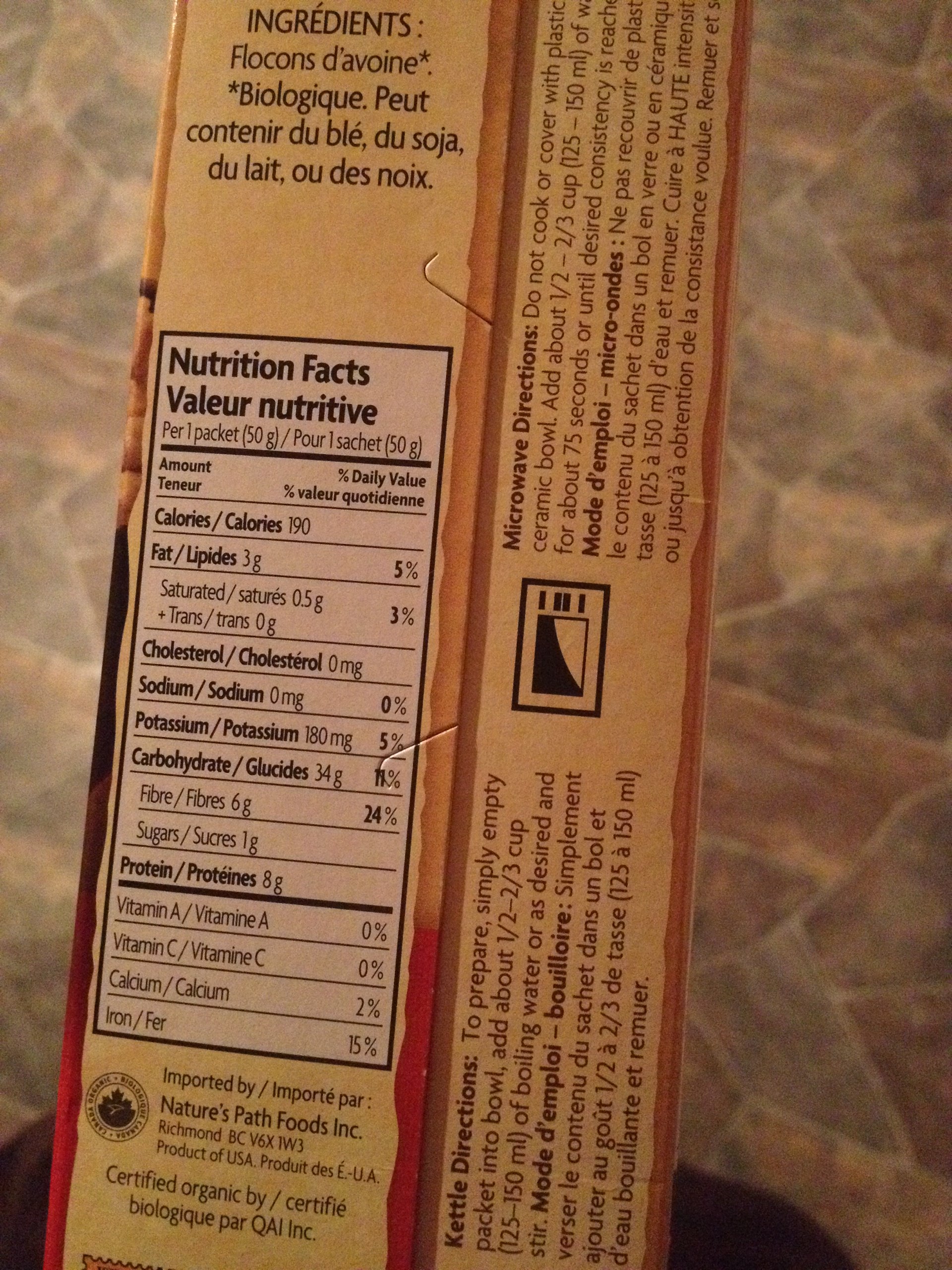 Nature's Path Instant Oatmeal, Original Calories, Nutrition Analysis