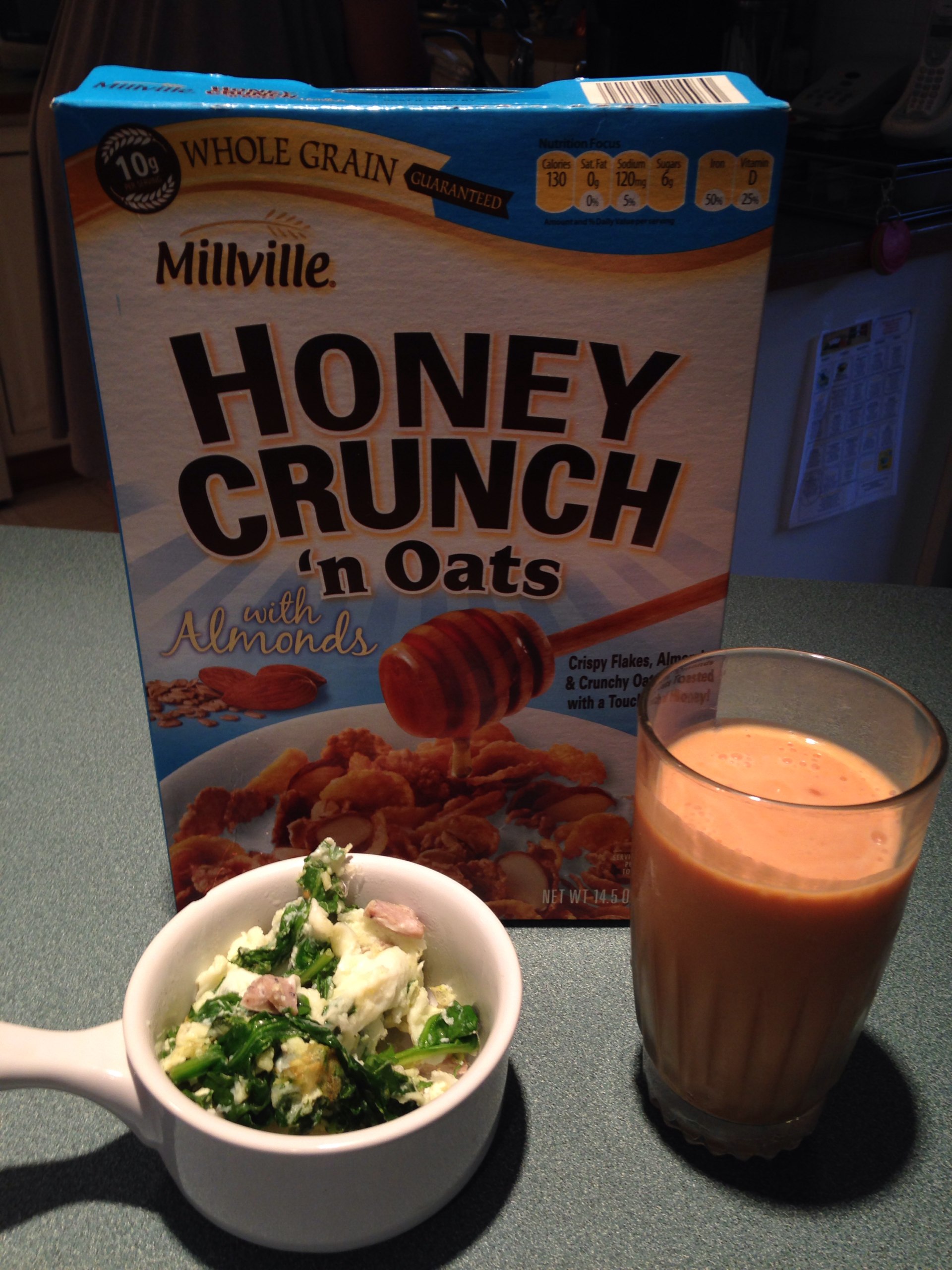 Pumpkin Smoothie, Egg Whites with Chicken Sausage and Spinach, and a