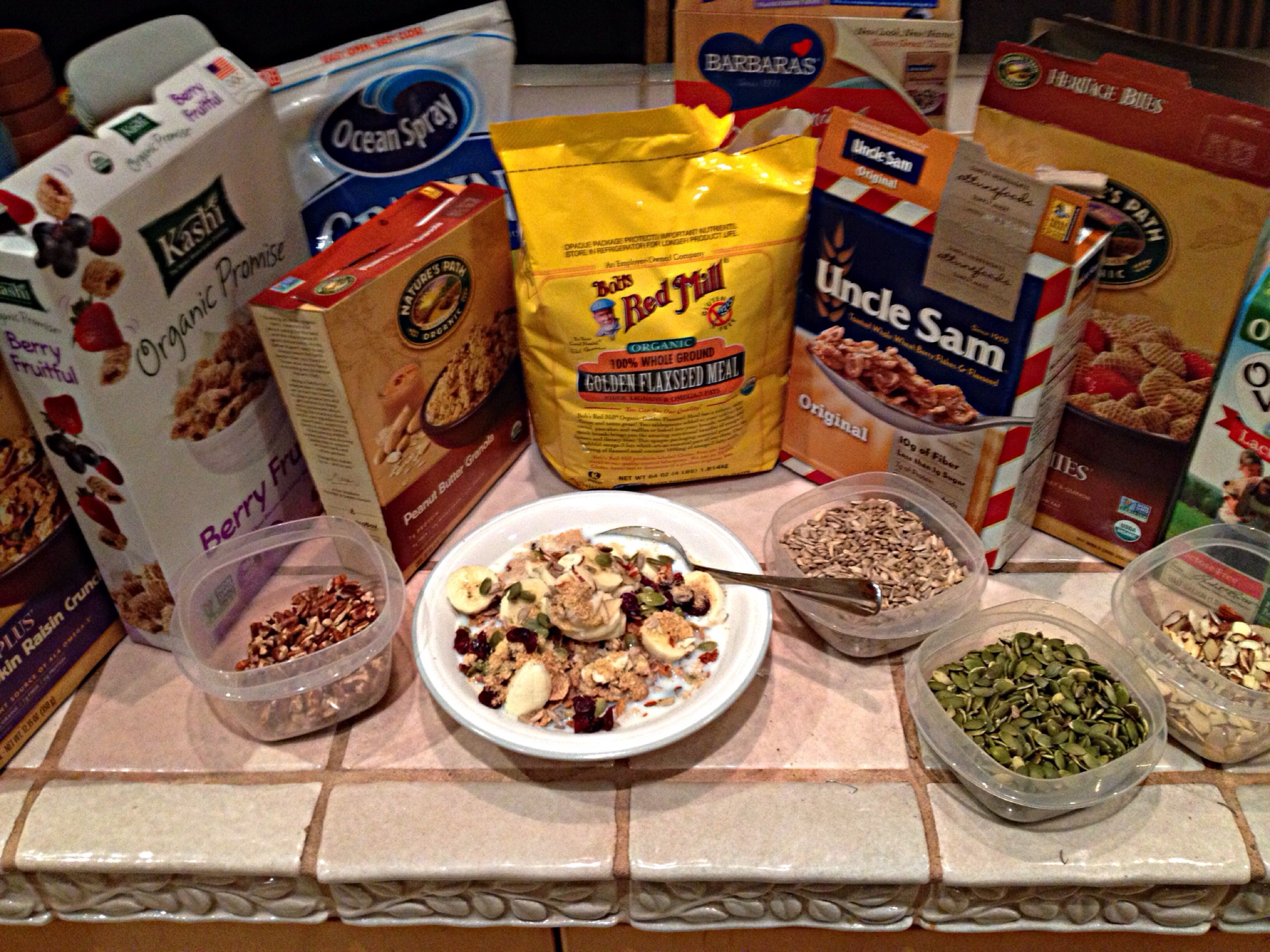 Breakfast this morning. I always mix several cereals together (usually