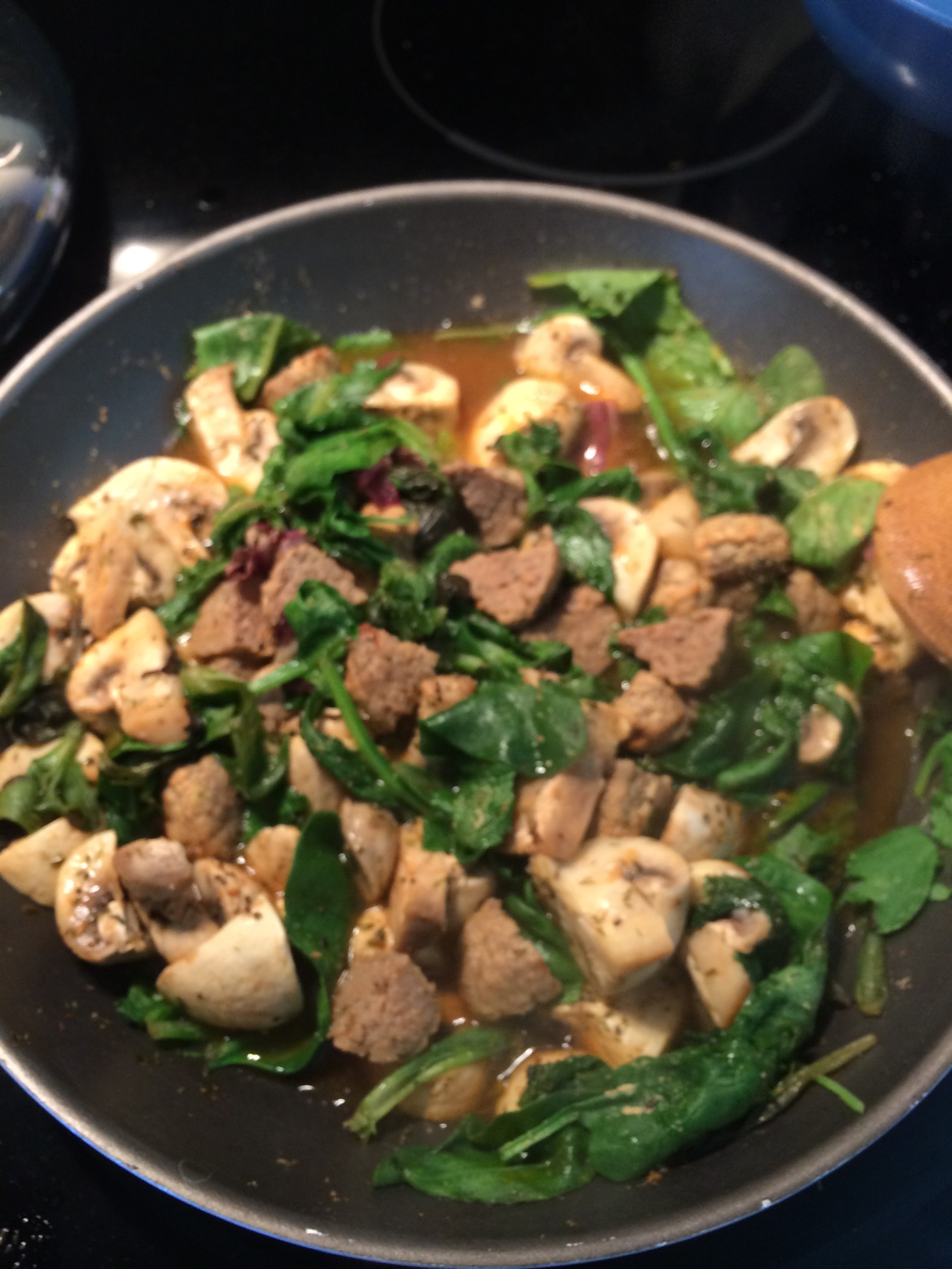 Sautéed spring mix, seasoned mushrooms and turkey meatballs! Finish