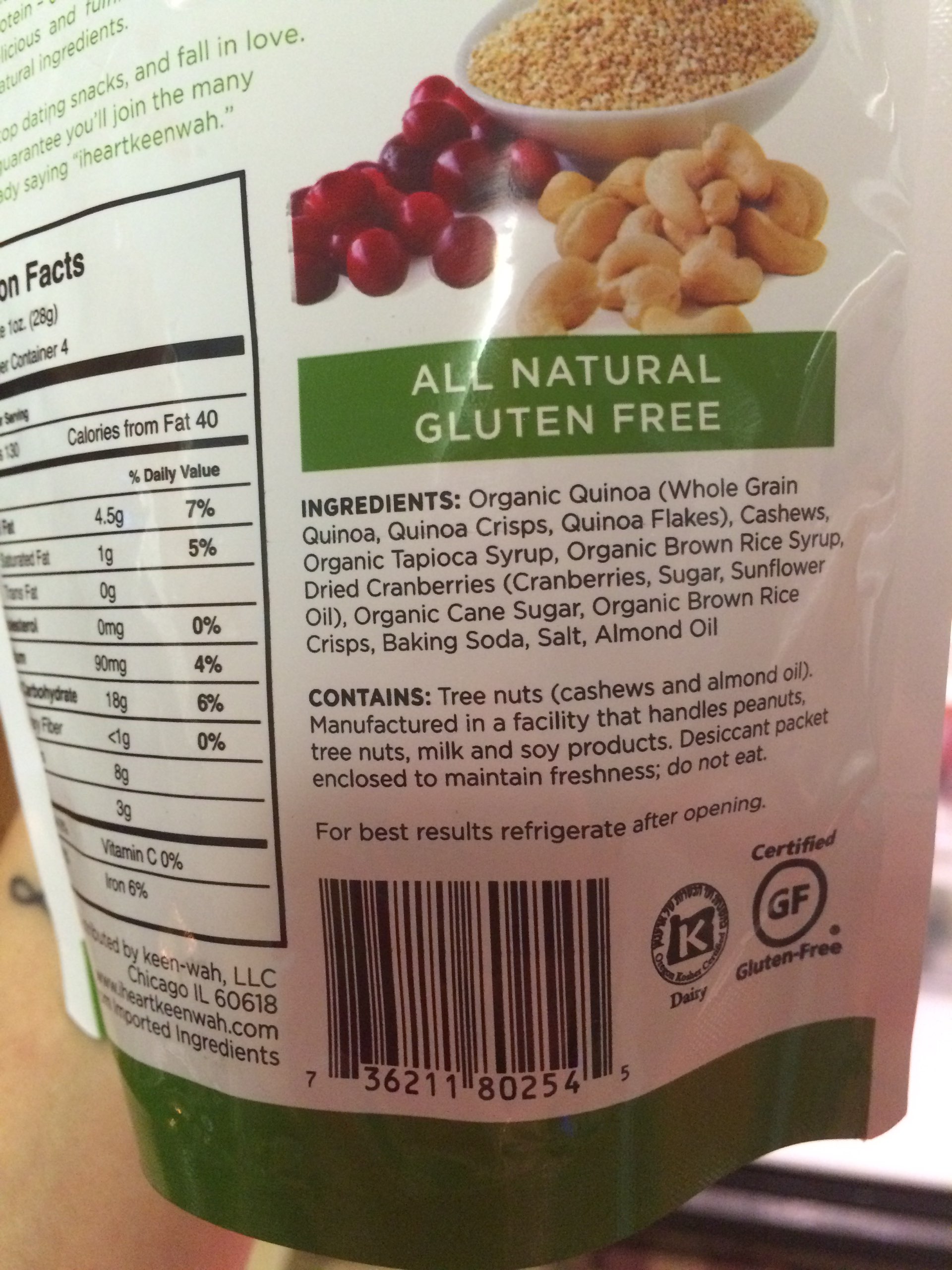 I Heart Keenwah Canberry Cashew Quinoa Cluster Calories, Nutrition