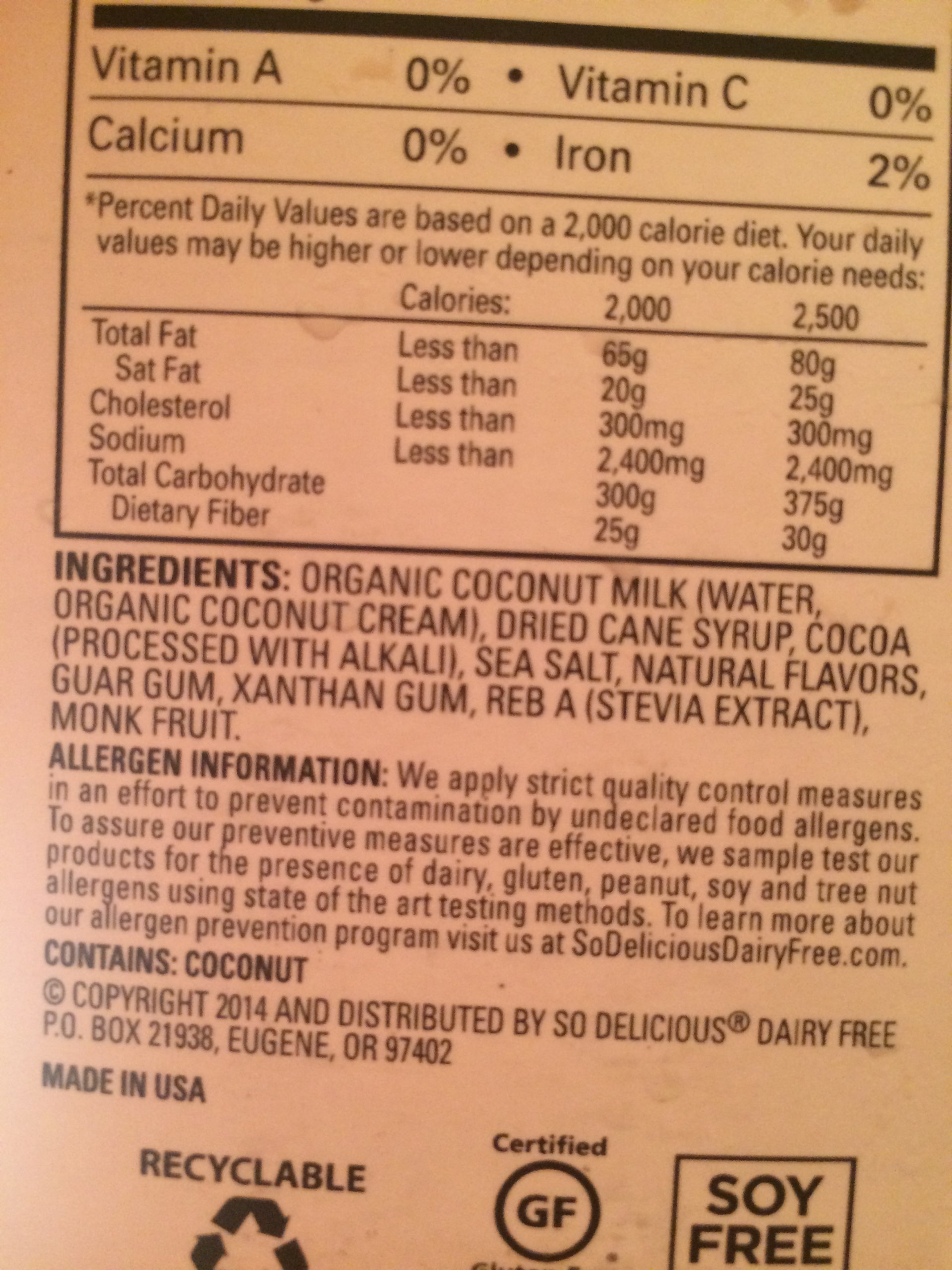 So Delicious Dairy Free Coconut Milk Beverage, Mint Chocolate, Holiday