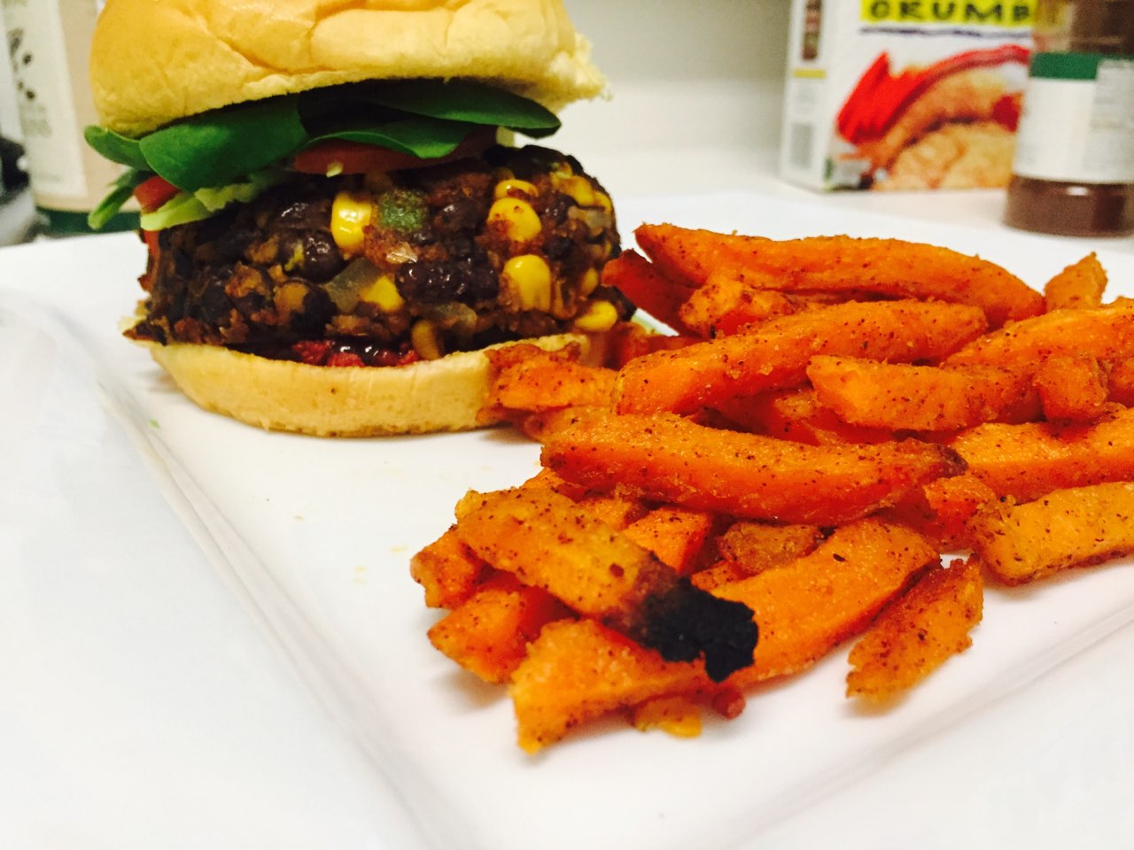 First homemade vegan black bean burger with sweet potato fries. It's so