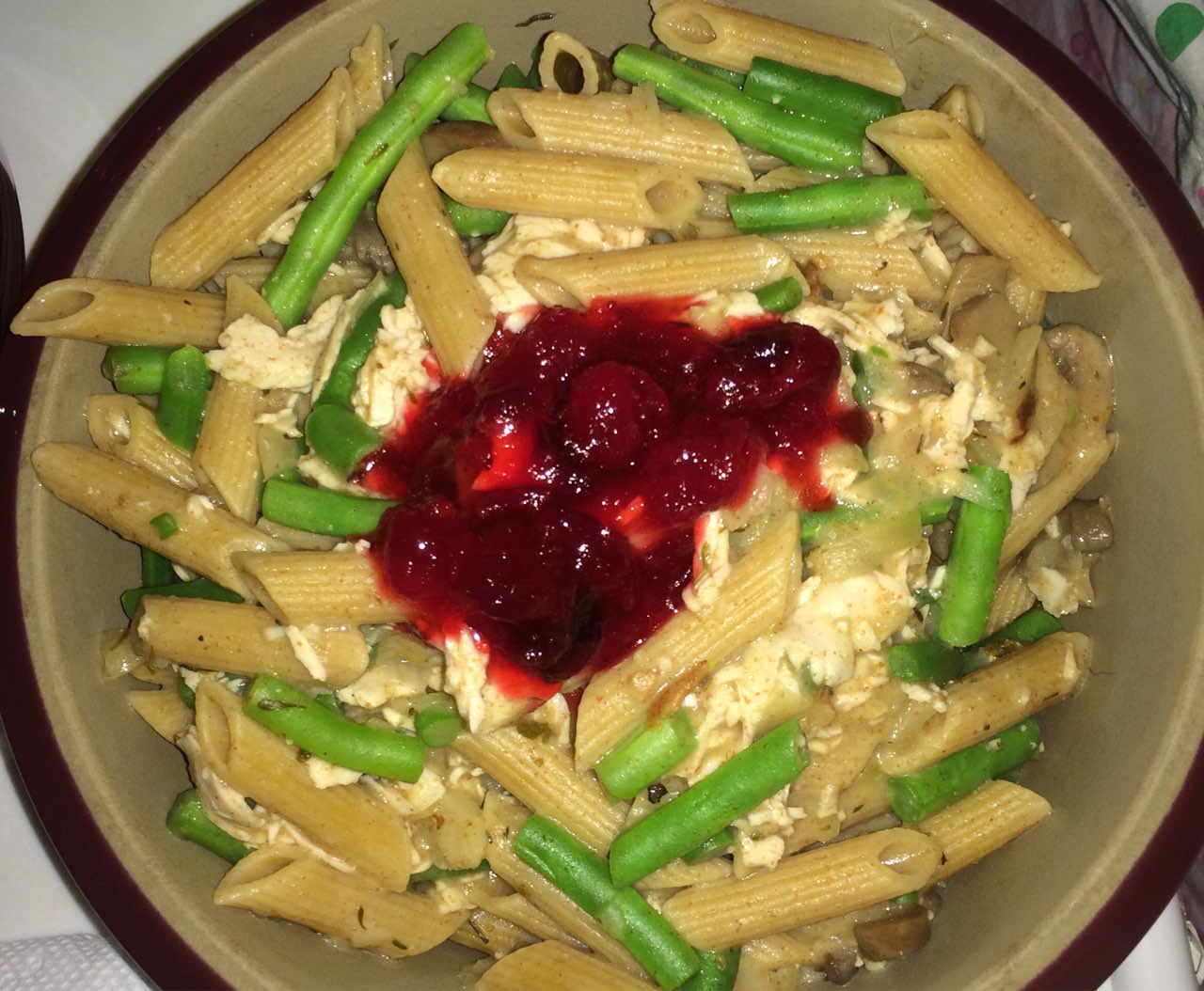 Thanksgiving dinner Italian style! Trader Joe's 100 whole wheat Organic penne pasta mixed with