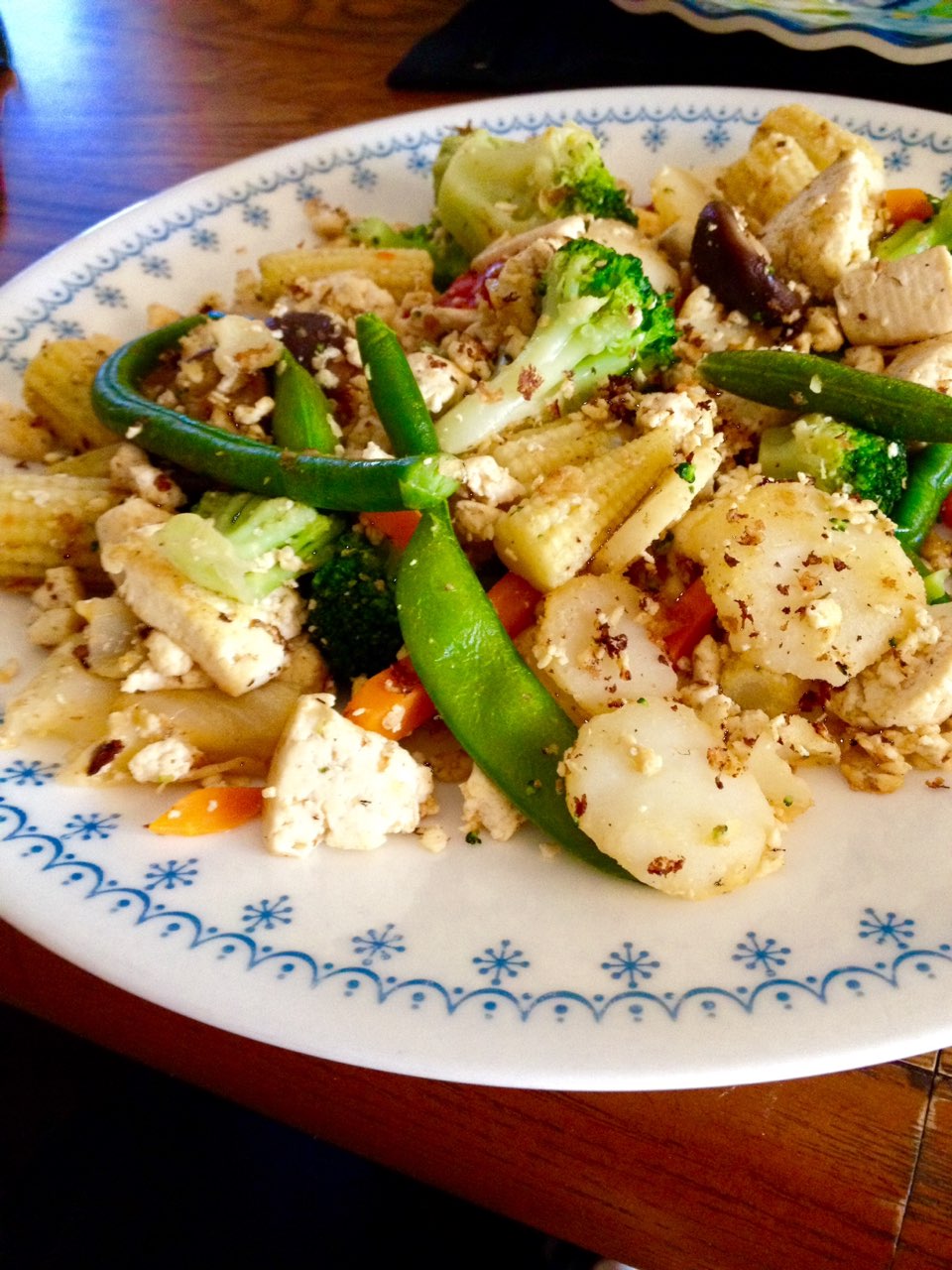 i have this dinner alot... tofu scrambled with mixed chinese veggies