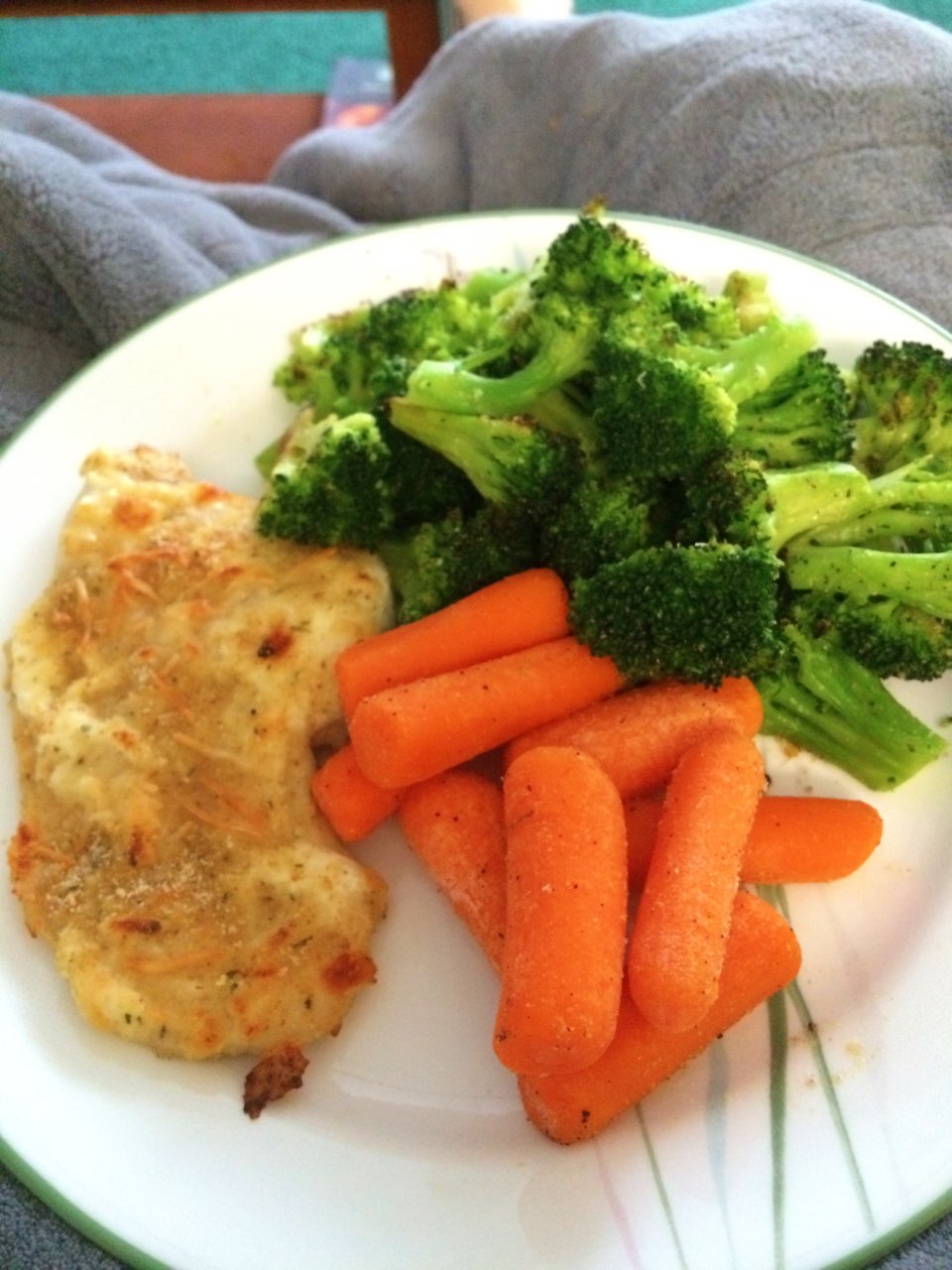 Fage greek yogurt chicken with roasted broccoli and carrots. So