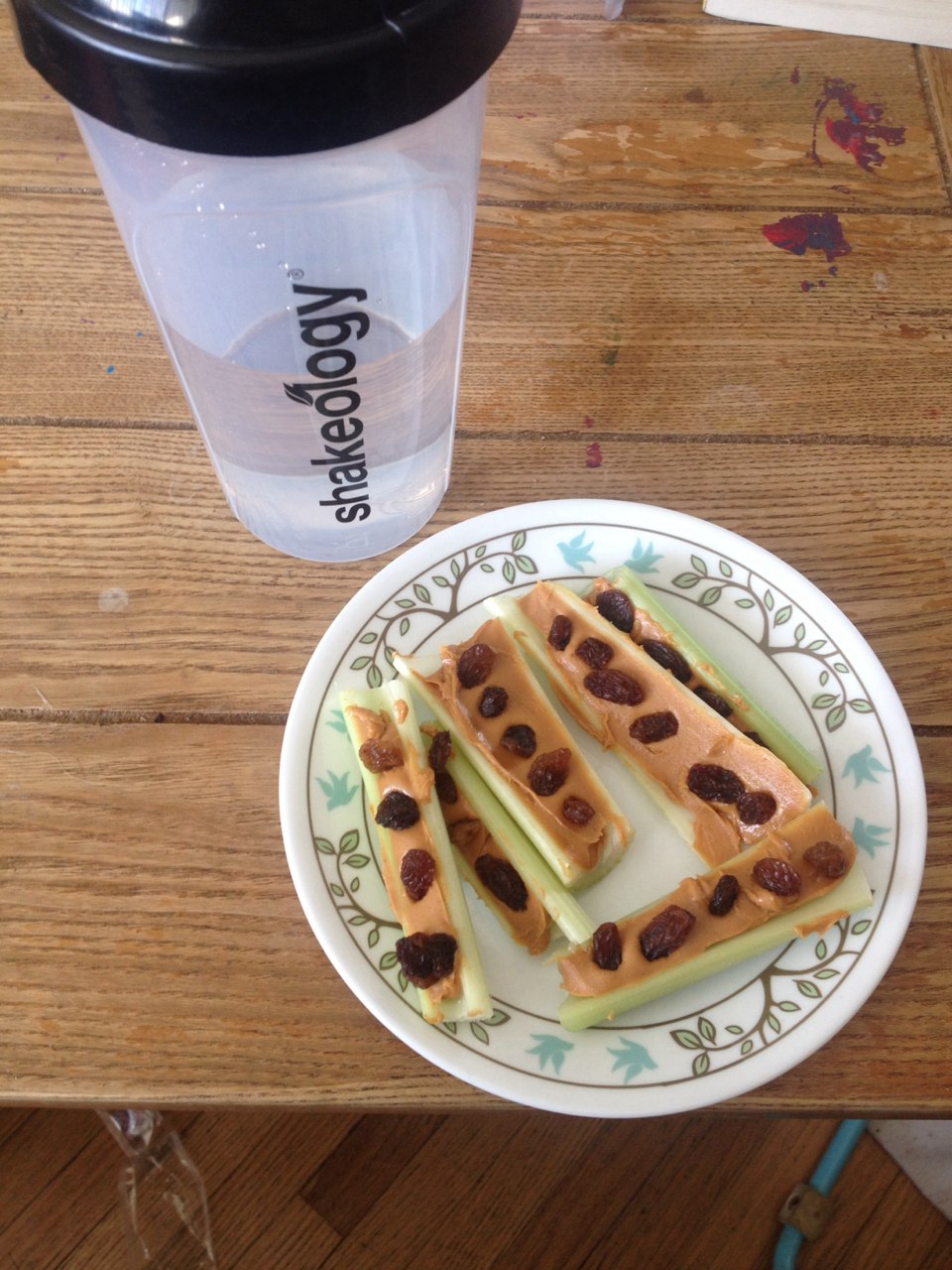 Great post workout snack! Celery with peanut butter and raisins with a