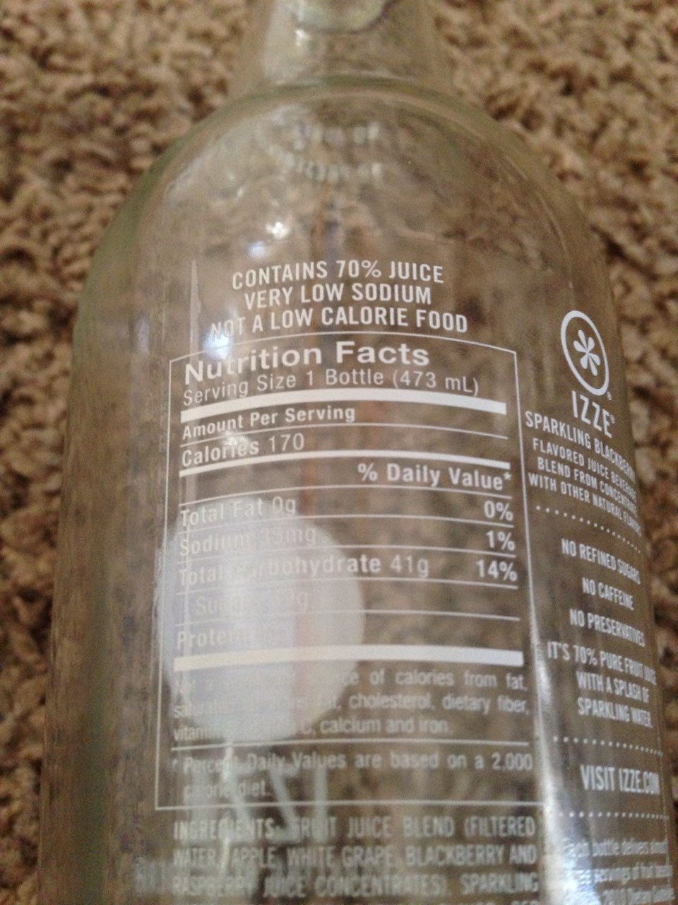 Izze Juice Beverage, Sparkling Blackberry Calories, Nutrition Analysis