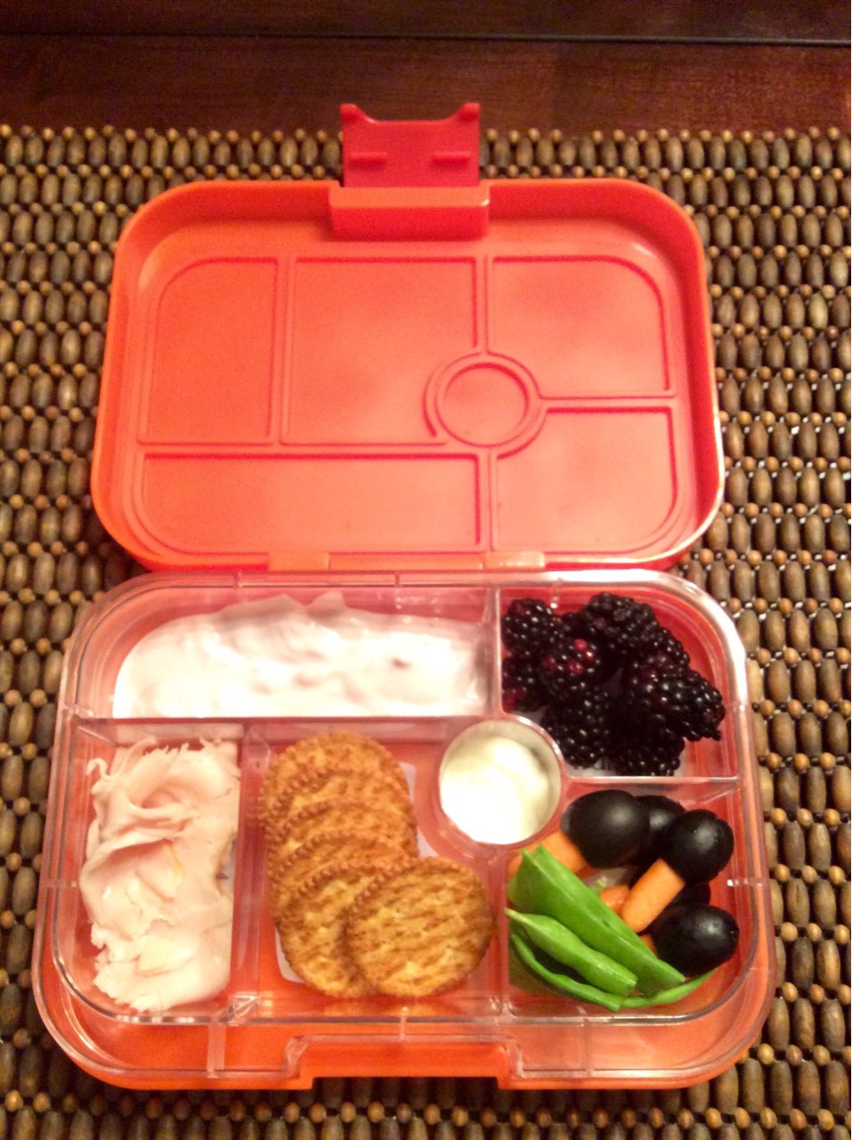 Tuesday's school lunch! Turkey, Greek yogurt, black berries, while