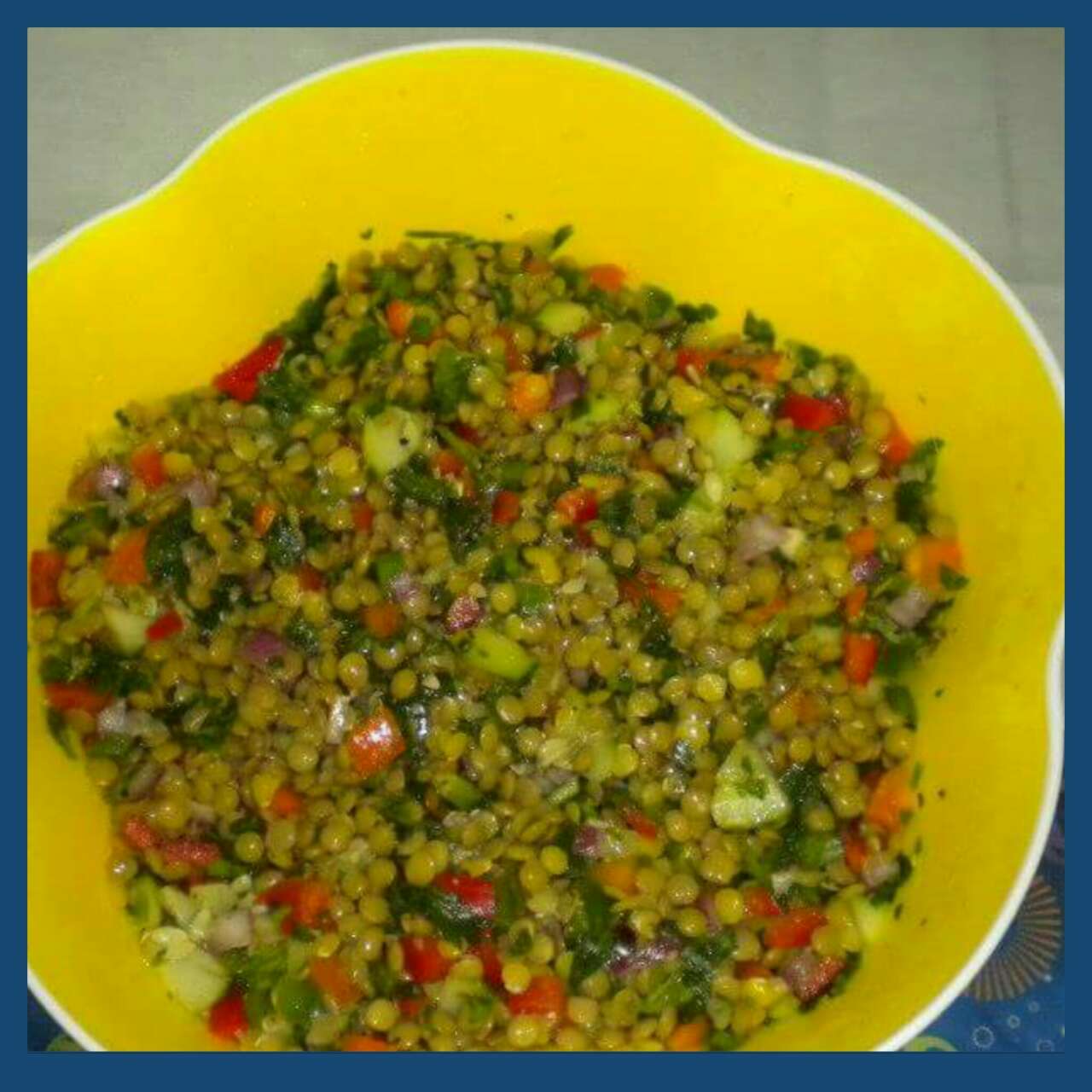 Lentils Salad Cooked lentils, tomatoes, red onions, cucumber, cilantro