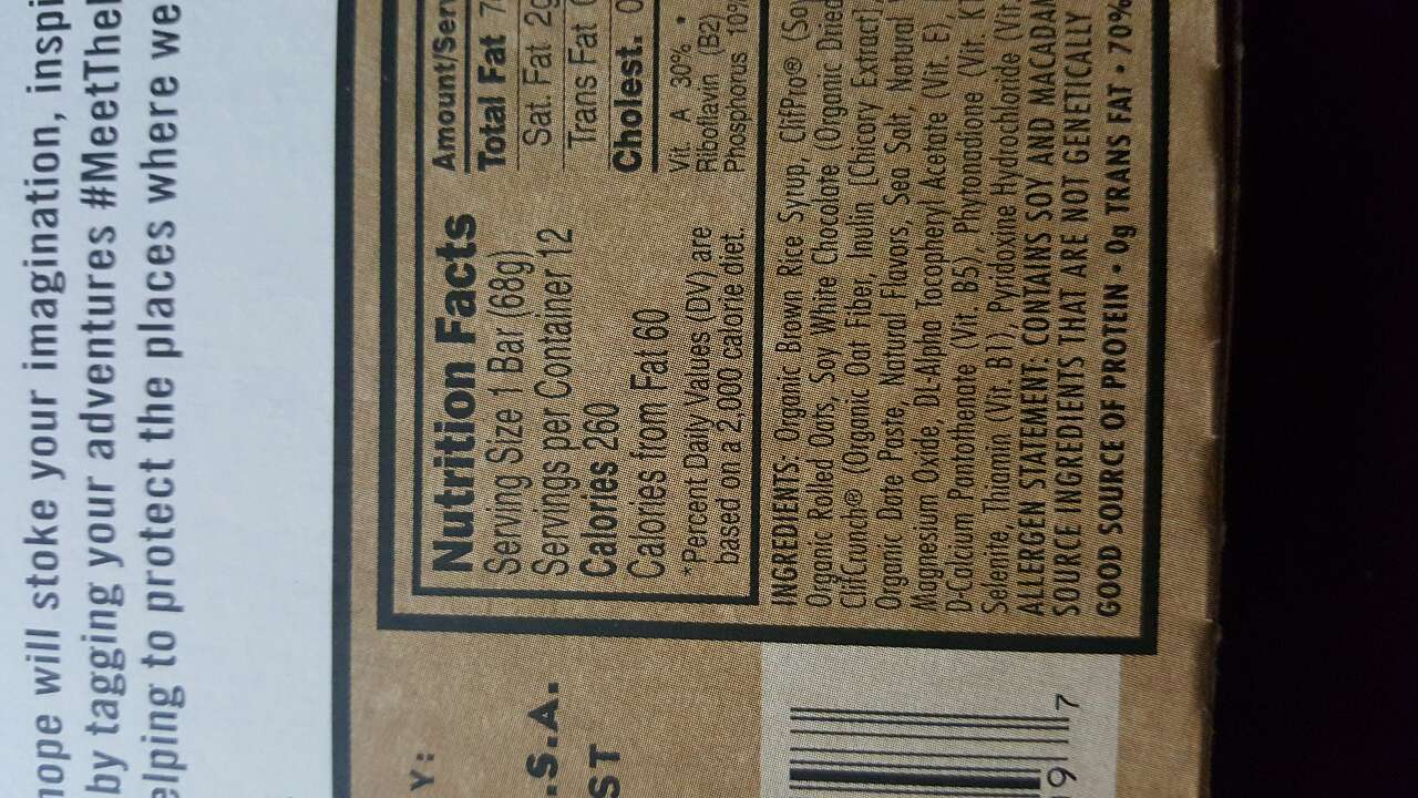 Clif Bar, White Chocolate Macadamia Nut Calories, Nutrition Analysis