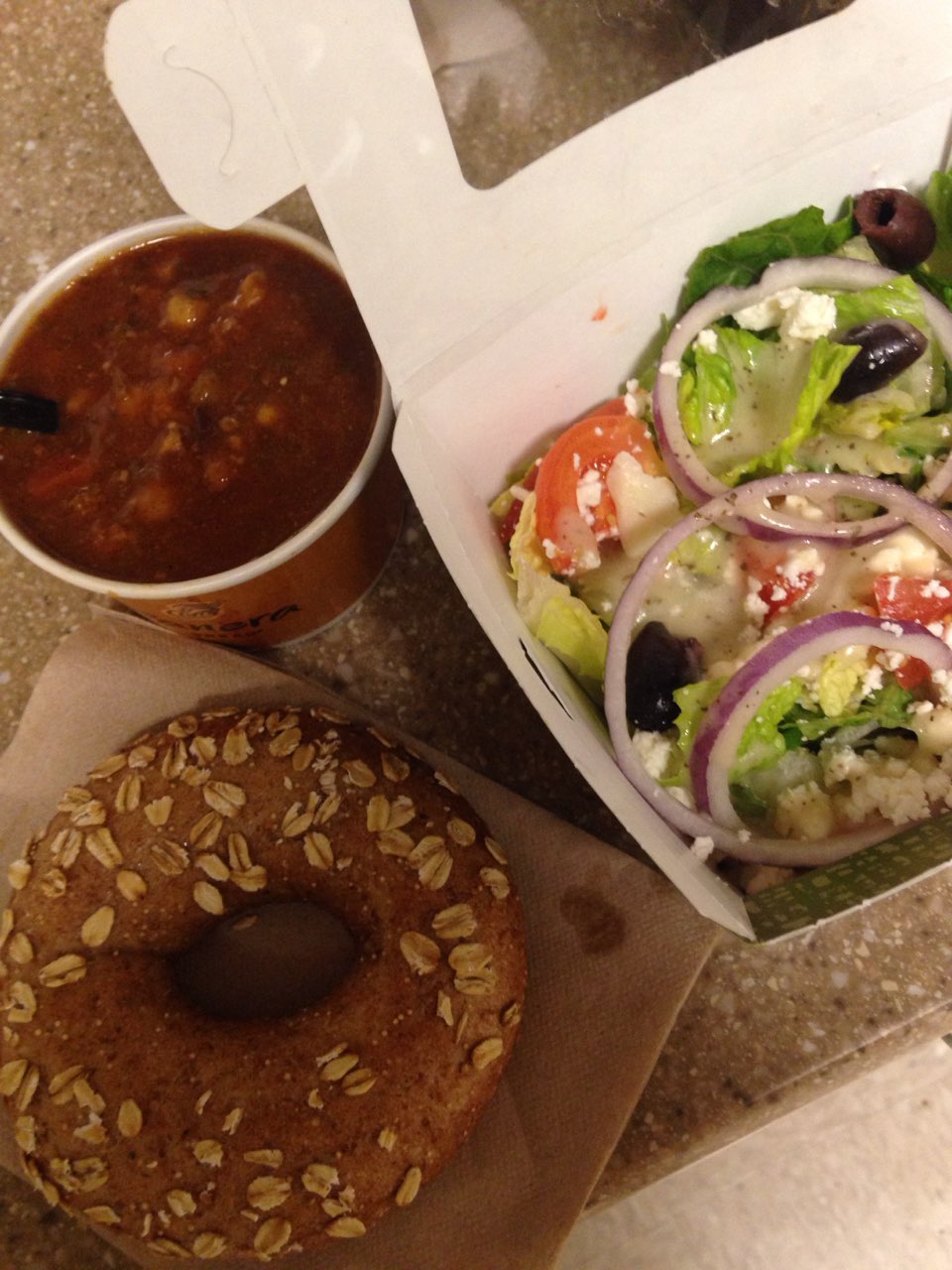 Panera's all natural turkey chili and Greek salad with a sprouted grain