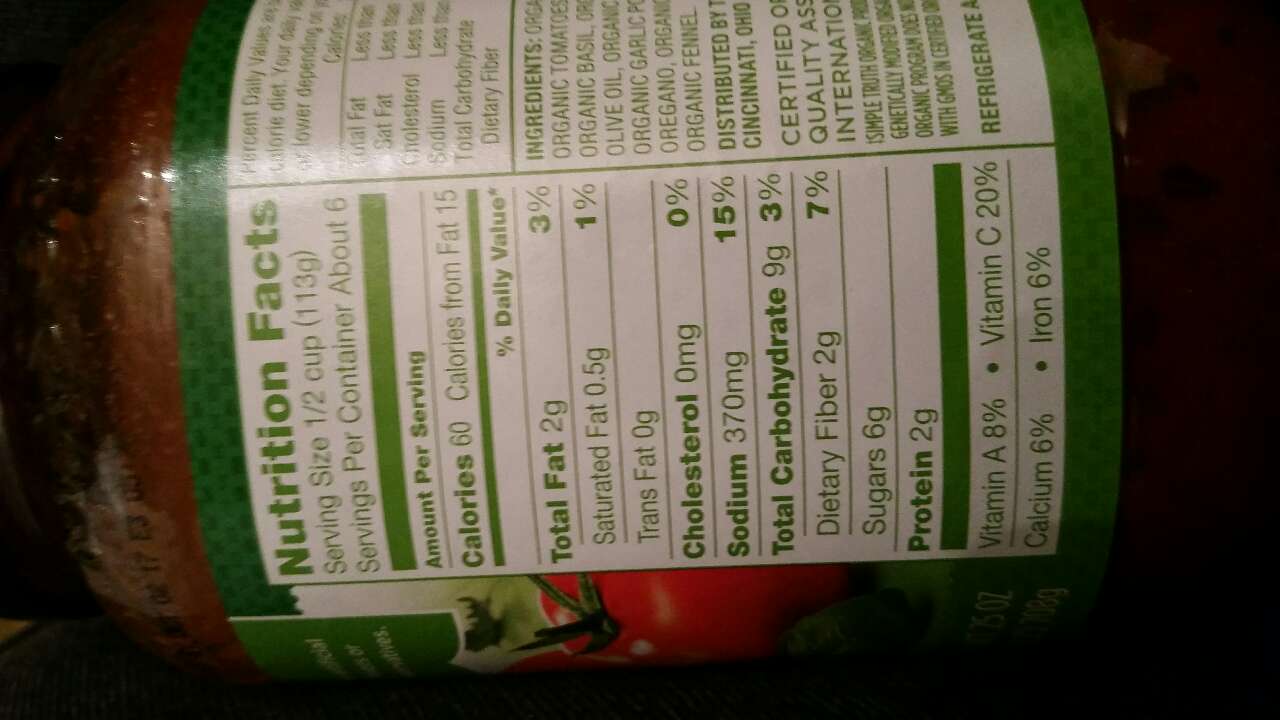 Simple Truth Organic Pasta Sauce, Tomato Basil Calories, Nutrition