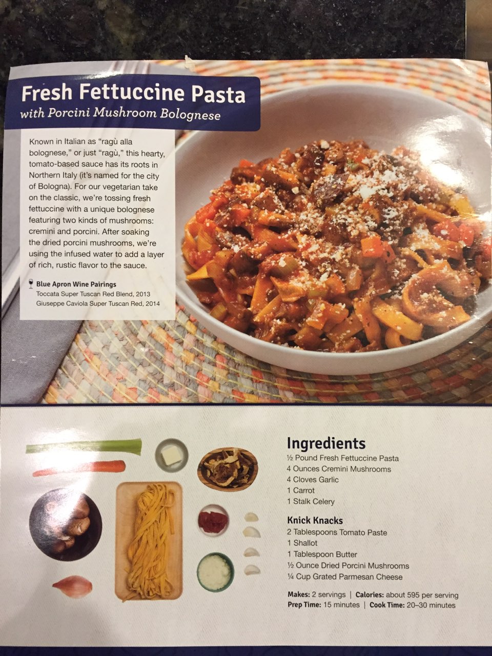 User added Blue Apron Fresh Fettuccine Pasta with porcini mushroom bolognese Calories