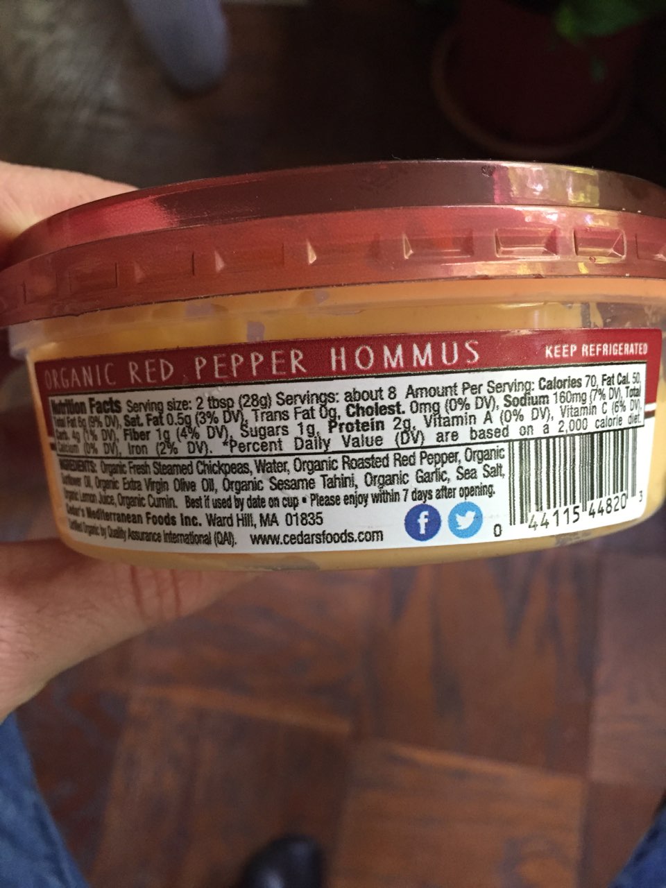 Cedar's Hommus, Roasted Red Pepper, Organic Calories, Nutrition