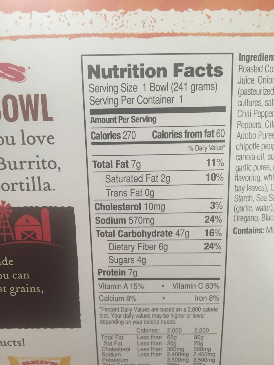 Red's Natural Foods Veggie Burrito Bowl Calories, Nutrition Analysis