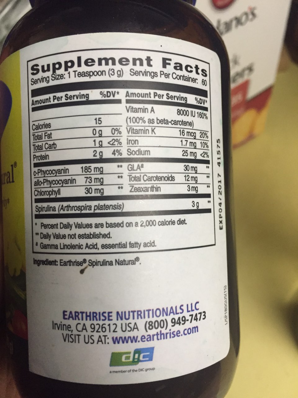 Earthrise Spirulina Natural Dietary Supplement Calories, Nutrition