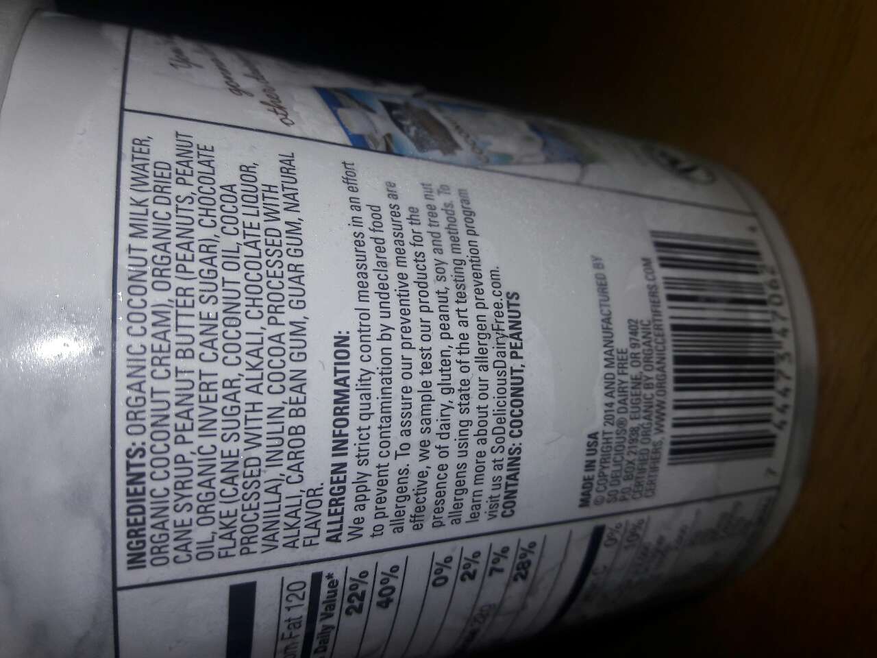 So Delicious Dairy Free Frozen Dessert, NonDairy, Chocolate Peanut Butter Swirl Calories