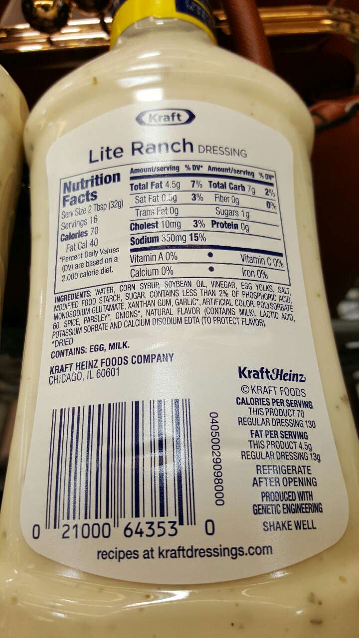 Kraft Dressing, Classic Ranch, Lite Calories, Nutrition Analysis