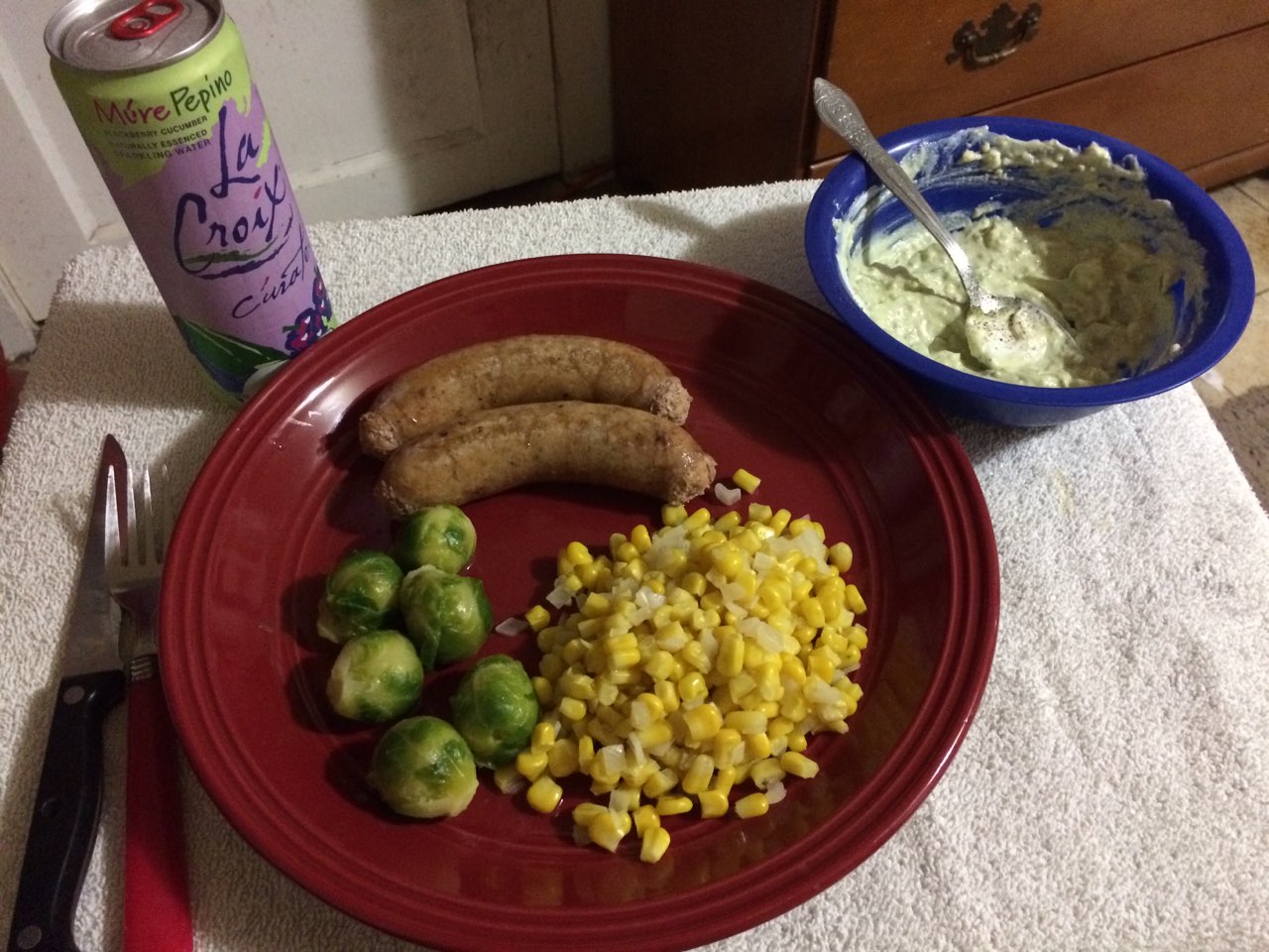 Turkey sausage with corn and Brussel sprouts .. With avocado and plain Greek yogurt as a dip for
