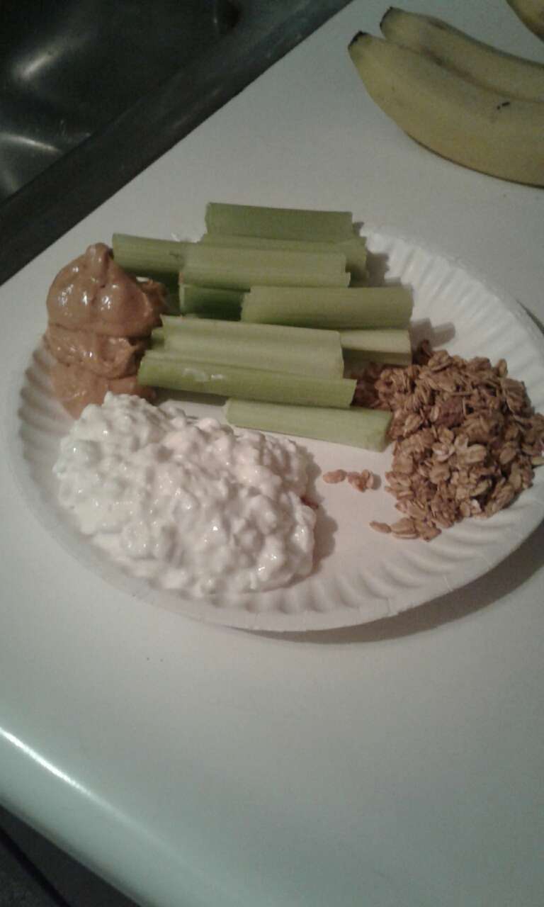 dinner tonight celery with organic peanut butter, cottage cheese, and