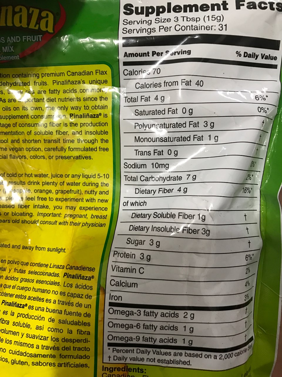 Pinalinaza Omega Oil's, Flaxseed, Cactus And Fruit Powder Mix, Dietary