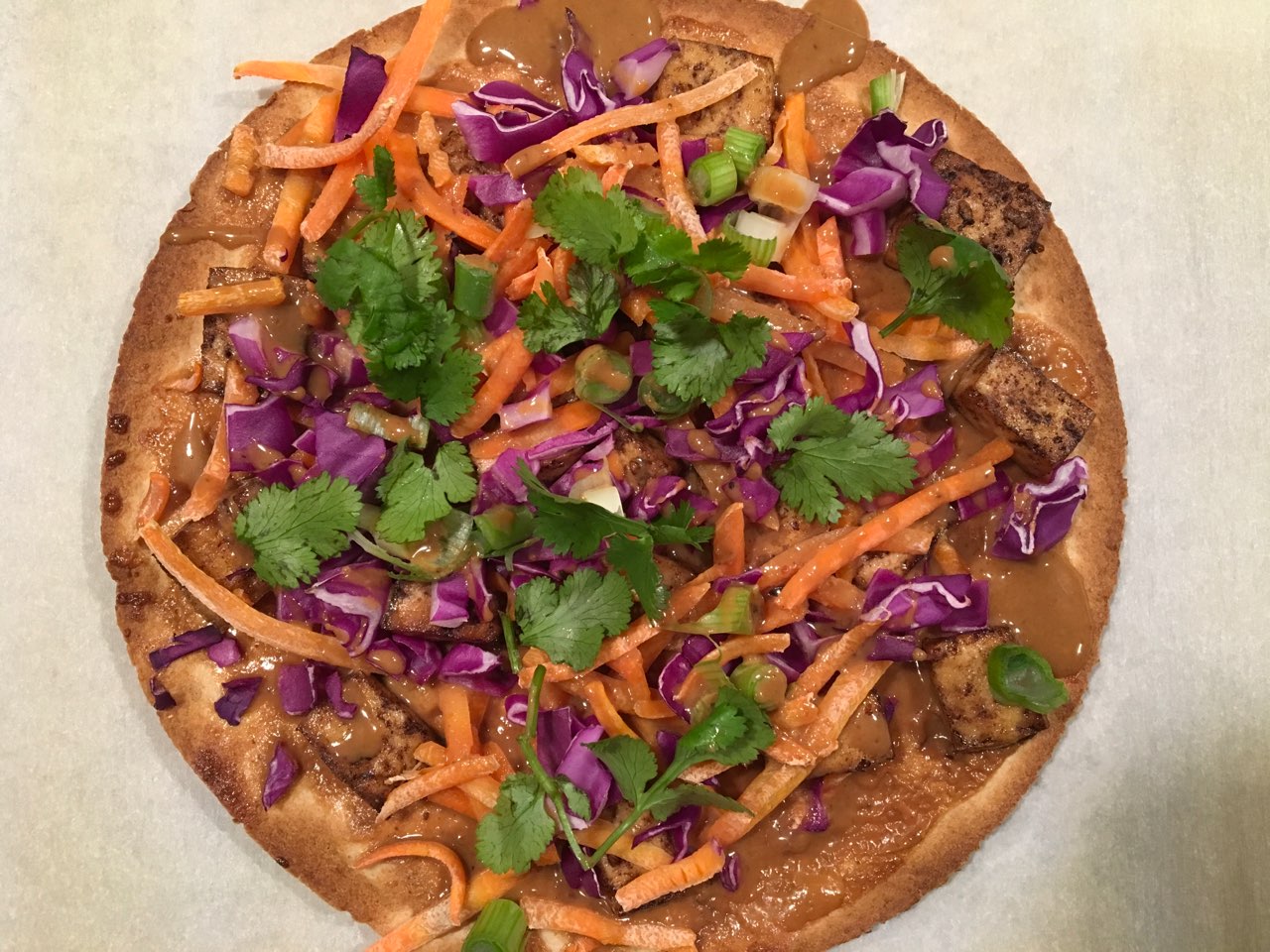 I made tofu Thai pizza last night for dinner. Delicious, healthy and