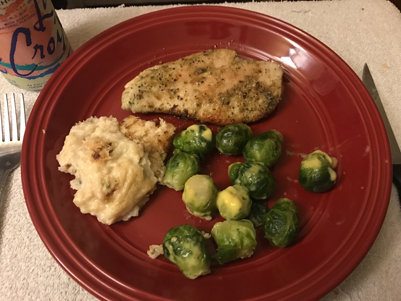 Oven chicken breast with Parmesan mashed cauliflower Brussel sprouts