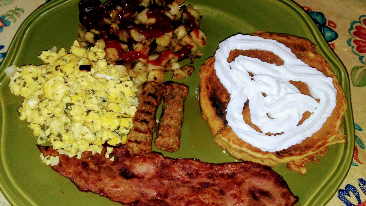 Breakfast for dinner tonight☺. 1/2 a Paleo pumpkin pancake and 1/2 a