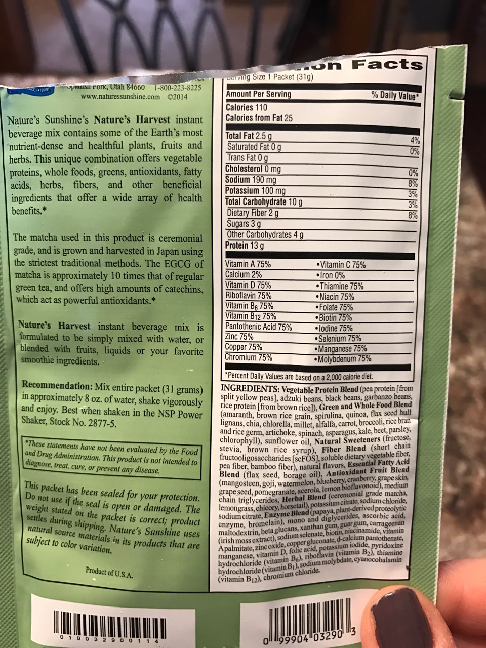 Natures Sunshine Nature's Harvest Meal Replacement Calories, Nutrition