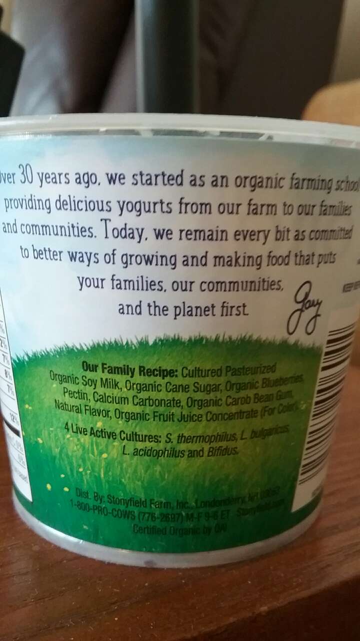 Stonyfield Organic NonDairy Soy Yogurt, Blueberry Calories, Nutrition