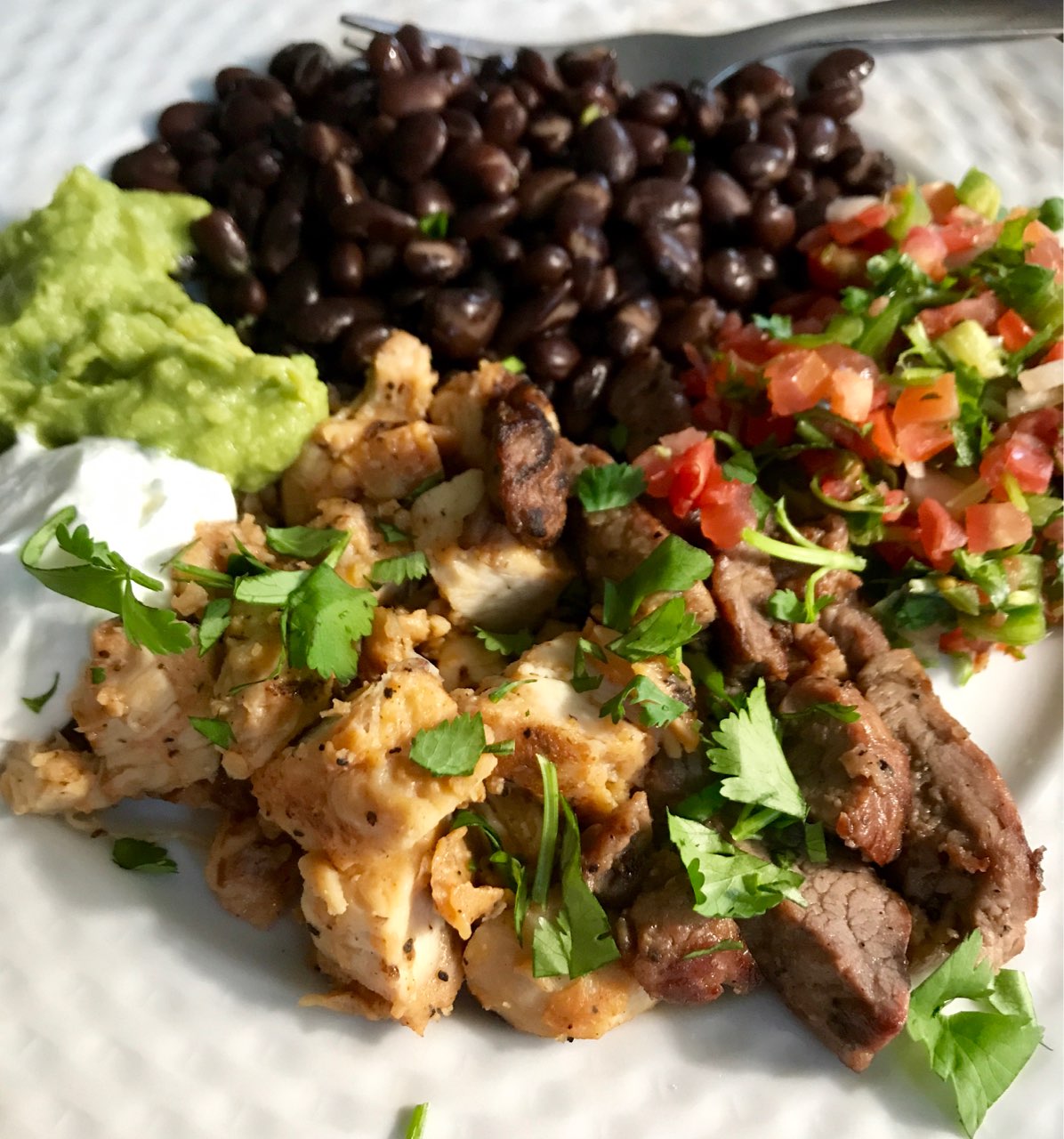 Yum! Grilled chicken & beef fajitas, black beans, pico de gallo