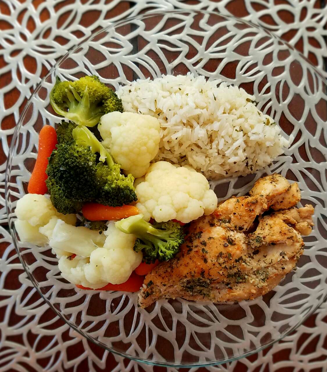 Dinner Steamed veggies, parsley white rice and my chicken and herb