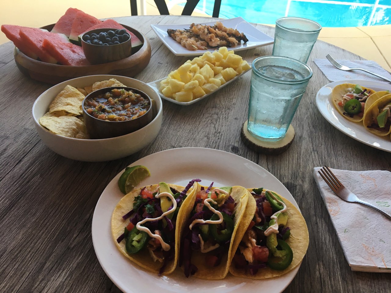 Grilled mahimahi tacos, coconut shrimp skewers, yuca bites, homemade
