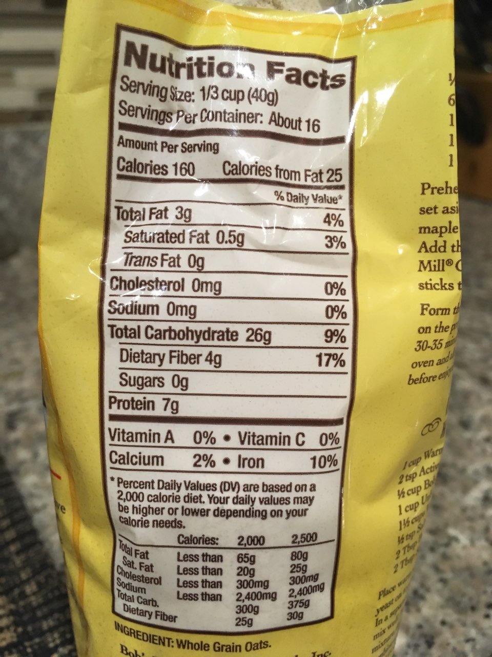 Bob's Red Mill Oat Flour, Whole Grain Calories, Nutrition Analysis