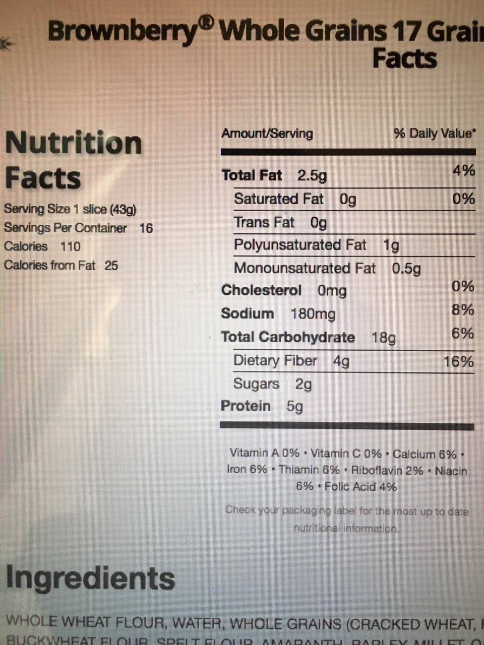 Oroweat 17 Grains and Seeds Whole Grain Bread Calories, Nutrition Analysis & More Fooducate
