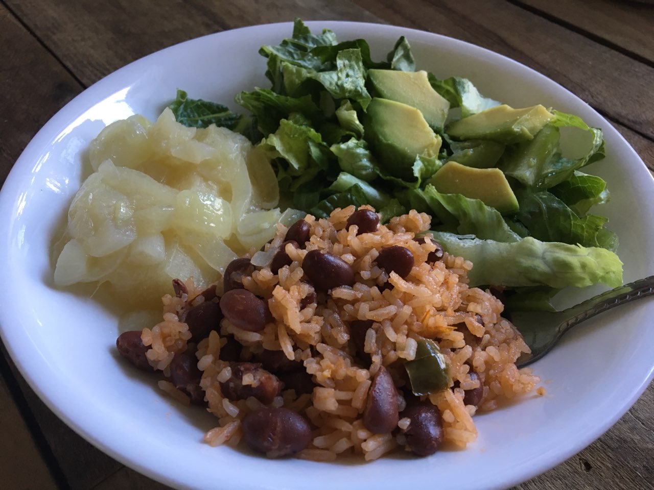 Red beans and rice, yuca with onions and garlic and salad 😀 Fooducate
