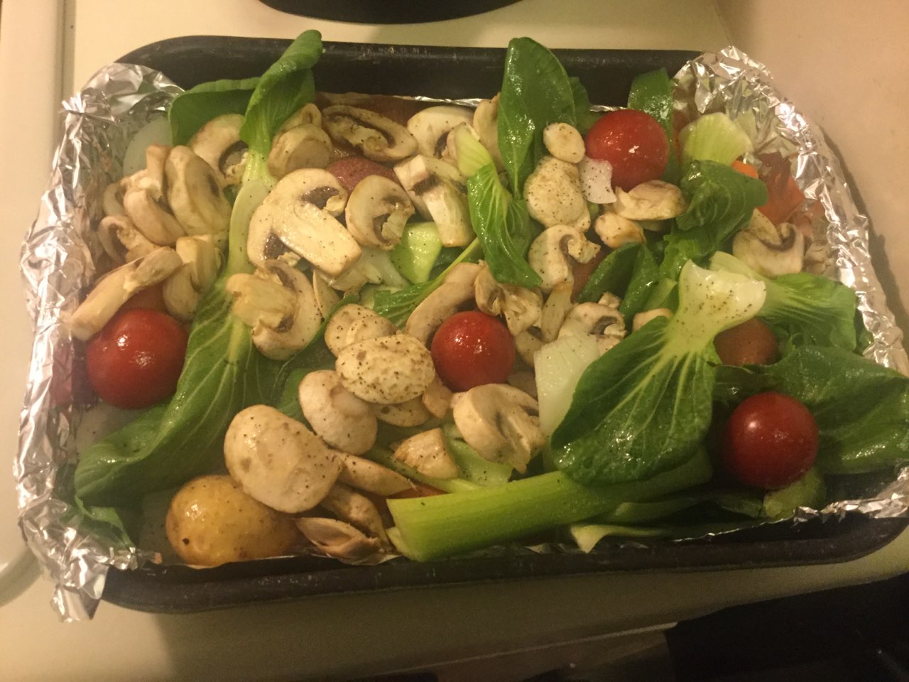 Roasted vegetables for dinner tonight. Unusual mixture but so good