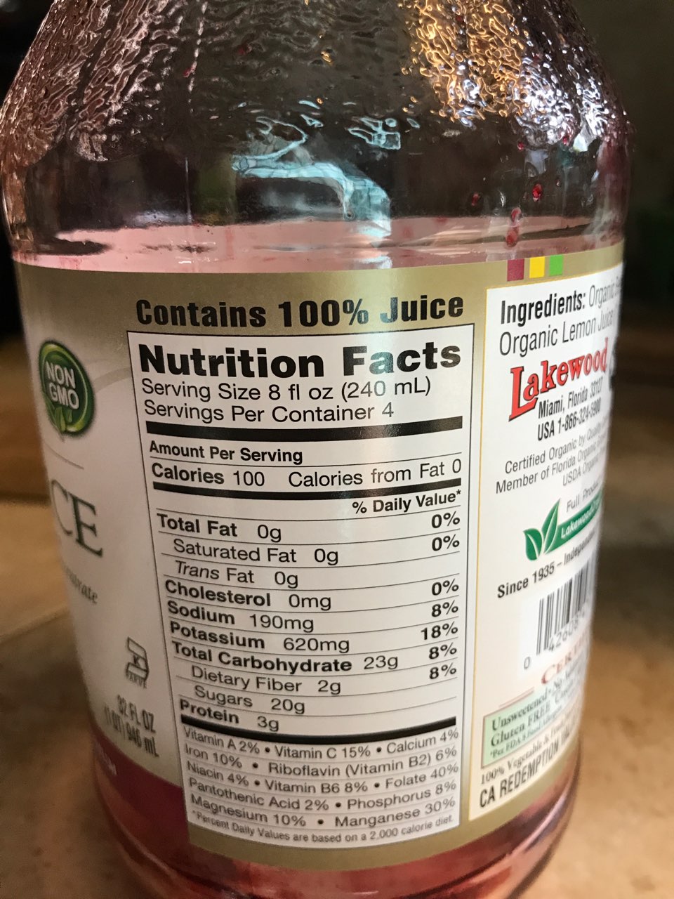 Lakewood Organic Pure Beet Juice, Organic Calories, Nutrition Analysis