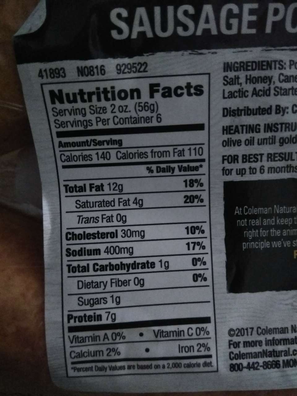 Coleman Natural Polish Kielbasa, Pork Sausage Calories, Nutrition